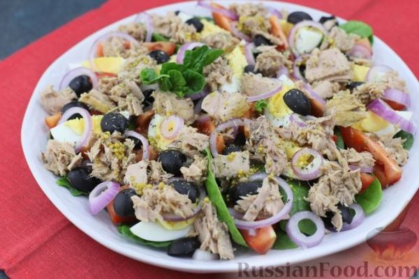 Салат с тунцом, яйцами, помидорами, маслинами, красным луком и шпинатом